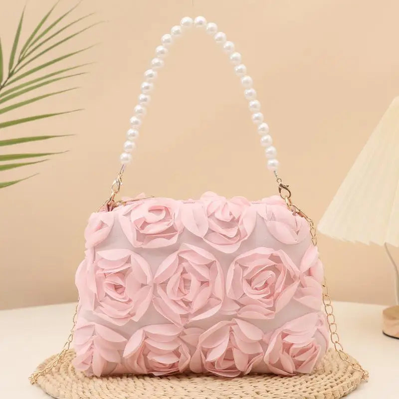 Ladies 3D Rose Floral Shoulder Bag With Pearl Handle Detachable Chain Perfect For Wedding Party Evening Date Qme A3