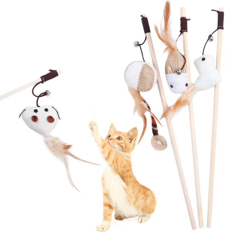 Cat Toy Cat Teaser Stick Handmade Cotton And Linen Woven Wooden Pole Cat Teaser Stick Cute Simulation Mouse Cat Interactive Toy Qme