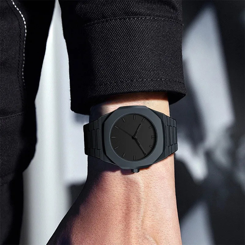 All black octagonal minimalist scale men's steel strip business quartz watch Qme