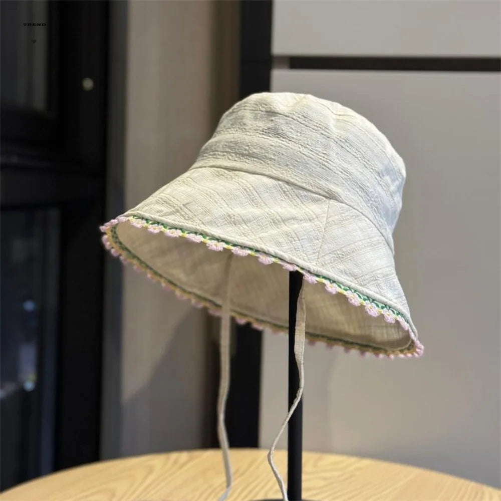 Fashion Lace Up Women Fisherman Hat Plaid Solid Color Summer Sun Hat Sun Protection Breathable Lace Flower Bucket Hat Camping Qme