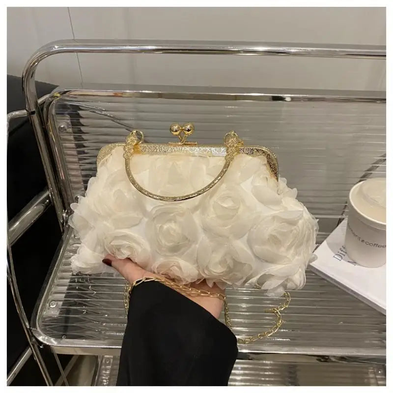 Chiffon 3D Flower Banquet Bag Fashion Evening Bags Luxury Women Chain Qme Beige