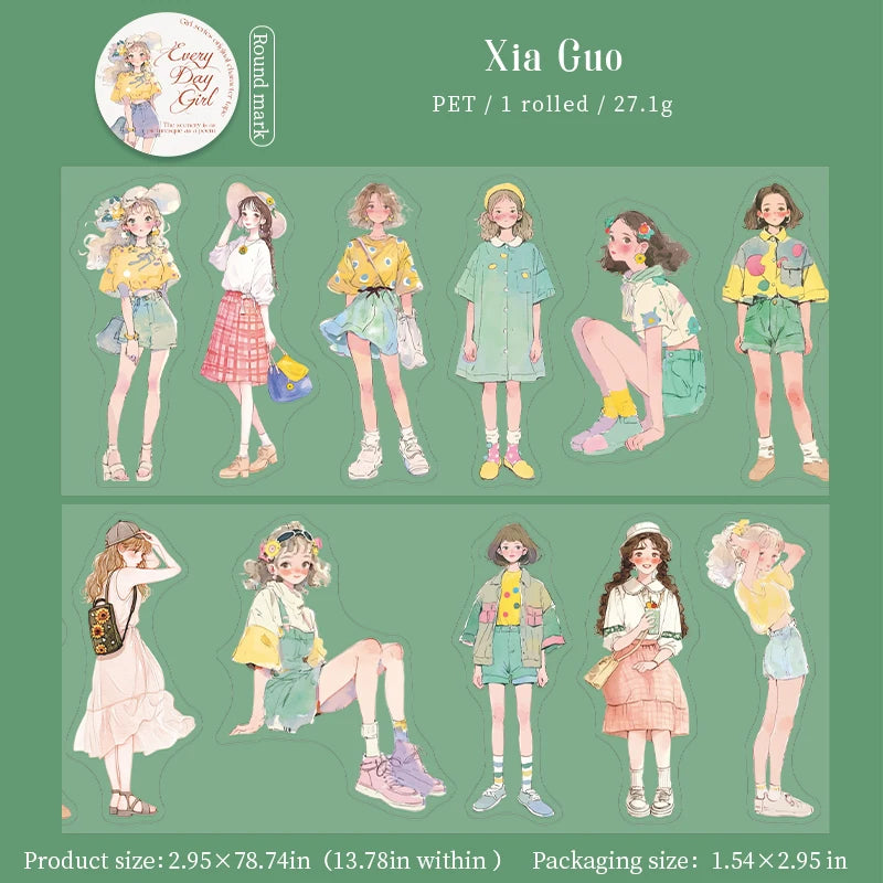 1 Roll Fashion Girl Stickers 4 Seasons Outfit DIY Scrapbook Journal Washi Tape for Phone Case Notebook Decoration Cute Stationer Qme Summer