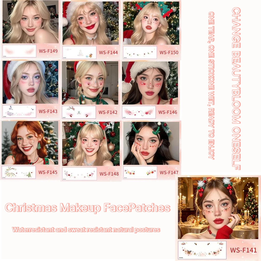 A New Stock Christmas Face Tattoo Stickers, Waterproof Sweatproof Creative Makeup Decals for Xmas Party Ball Event Cosplay Qme