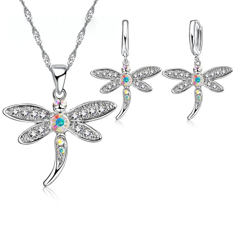 Women's Glitter Colored Cubic Zirconia Necklace And Earrings Set Dragonfly Design 925 Sterling Silver Color Jewelry for Girls Qme Default Title