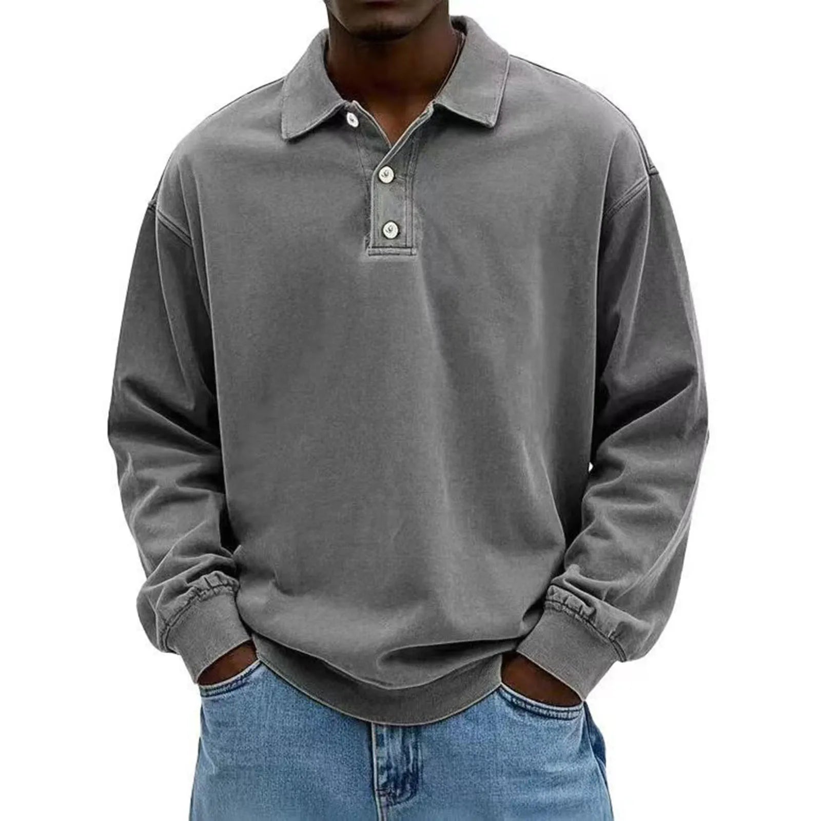 Men's Baggy Korean Style Leisure Daily Versatile Long Sleeves Flip Collar Pullover Shirt Fashion Solid Color Button Hoodies Qme Dark Gray XXXL
