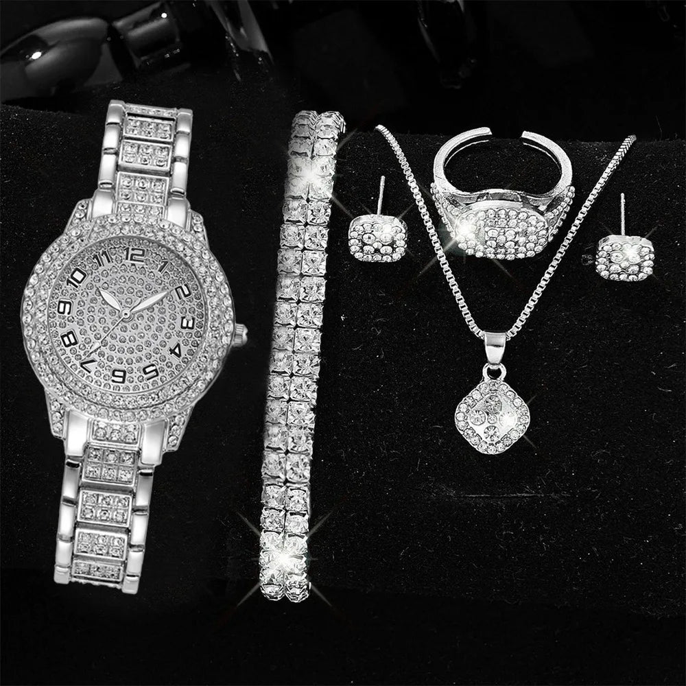 Golden Watch Women Ring Necklace Earrings Rhinestone Fashion Wristwatch Female Casual Ladies Watches Bracelet Set Clock Qme Multicolor