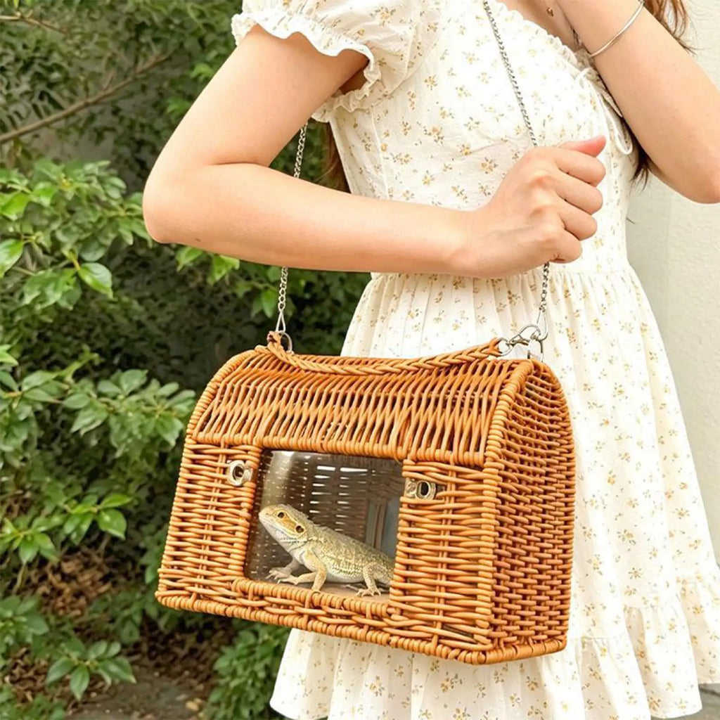 Reptile Carrier With Handle Sleeping House All Season Washable Rattan Bird Carrier Travel Cage For Lizard Leopard Gecko Spider Qme