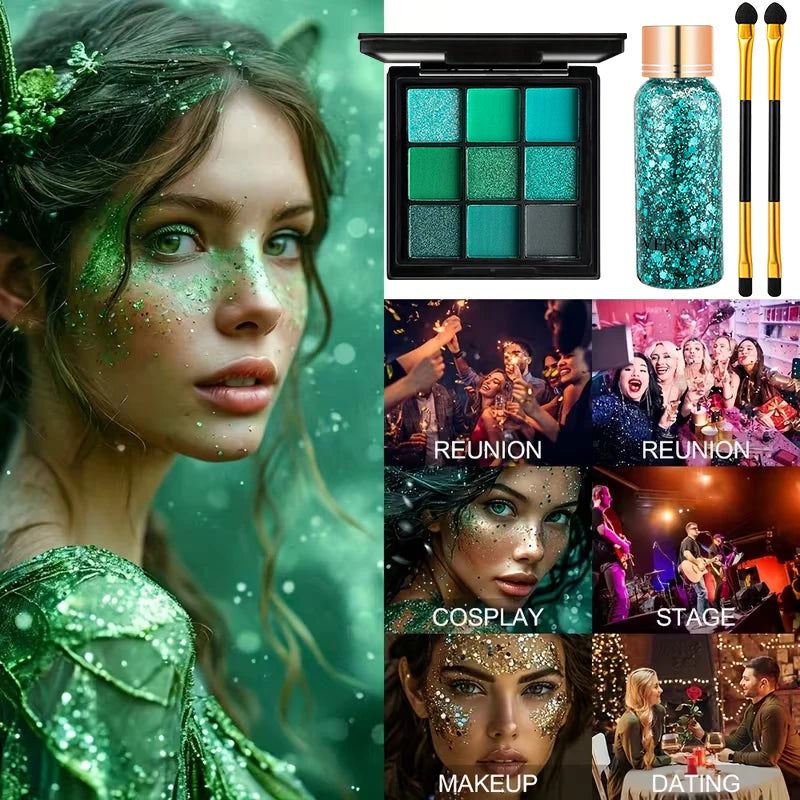 9 Colors Green Eyeshadow Palette Glitter Gel Brushes Matte Shimmer Qme