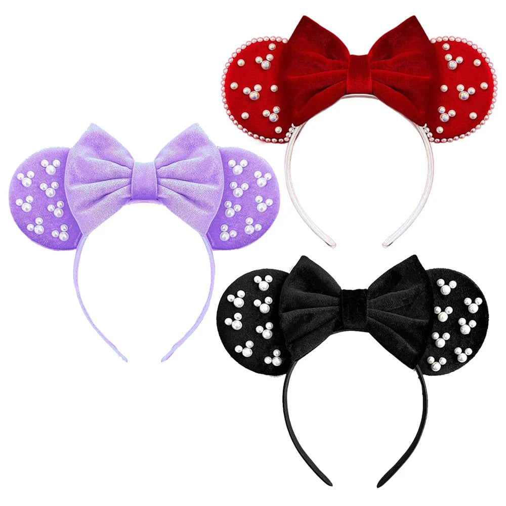 White Pearls Mickey Ears Hair Accessories for Girls Solid Color Soft Cotton Bow Headbands Women Minnie Mouse Hair Accessorie Qme Headband 13