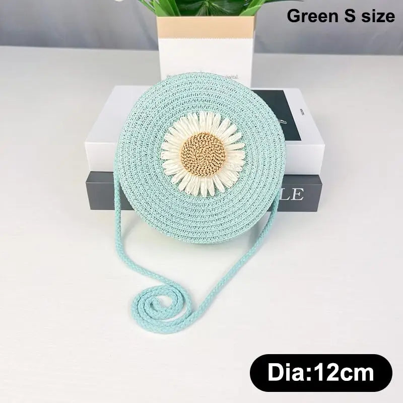 Floral Circle Straw Crossbody Bag: Vintage Mini Shoulder Purse with Graphic Decor for Women's Summer Beach & Casual Outings Qme Green S