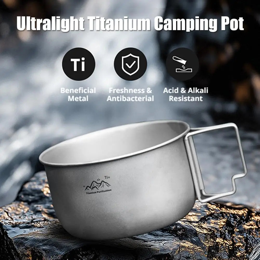 1pcs Ultralight Titanium Coating Pot Portable Cookware with Handle for Backpacking Hiking Outdoor Cooking Equipment Qme