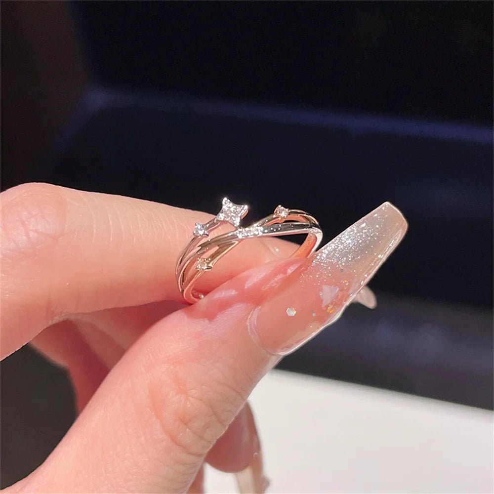Sparkling Zirconia Star Ring Women's Light Luxury Charm Minimalist Fashion Style Four Star Opening Adjustable Daily Ring Qme resizable WHITE