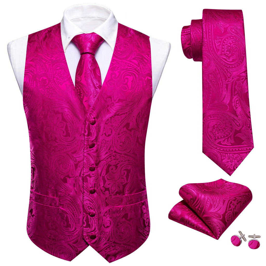 Men's Rose Pink Floral Vest Tie Hanky Cufflinks Formal Waistcoat Qme MJ-2743 XXXL