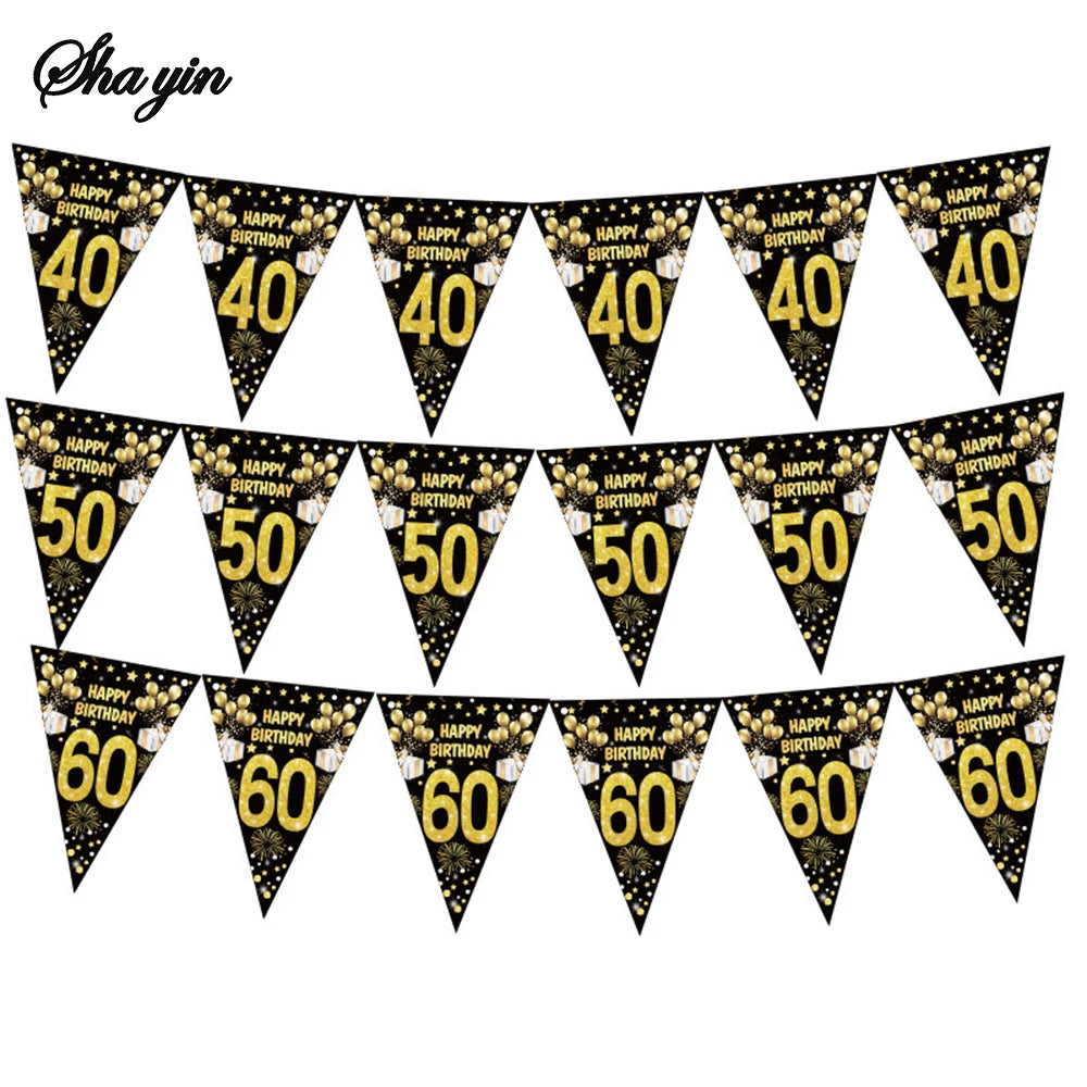 Birthday Triangle Flag, Digital Age, Black Gold Triangle Flag, Pulling Flag, Party Supplies Qme