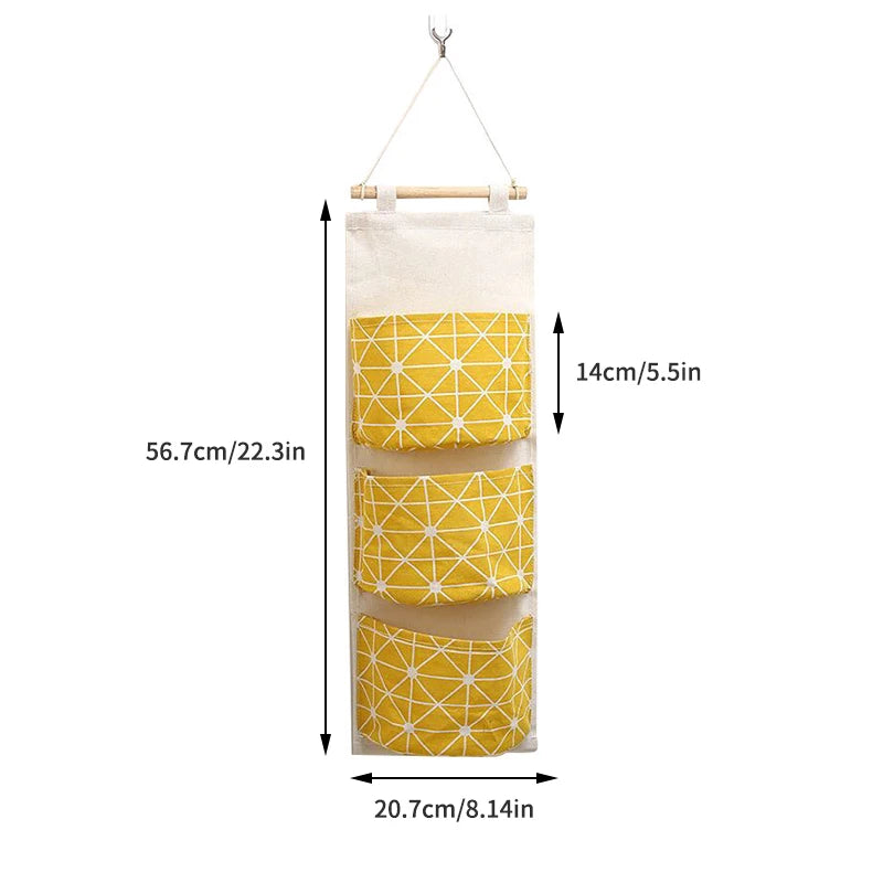 1PC Three Pockets Hanging Wall Storage Bag Household Bedroom Living Room Kitchen Cotton Linen Storage Bag Qme