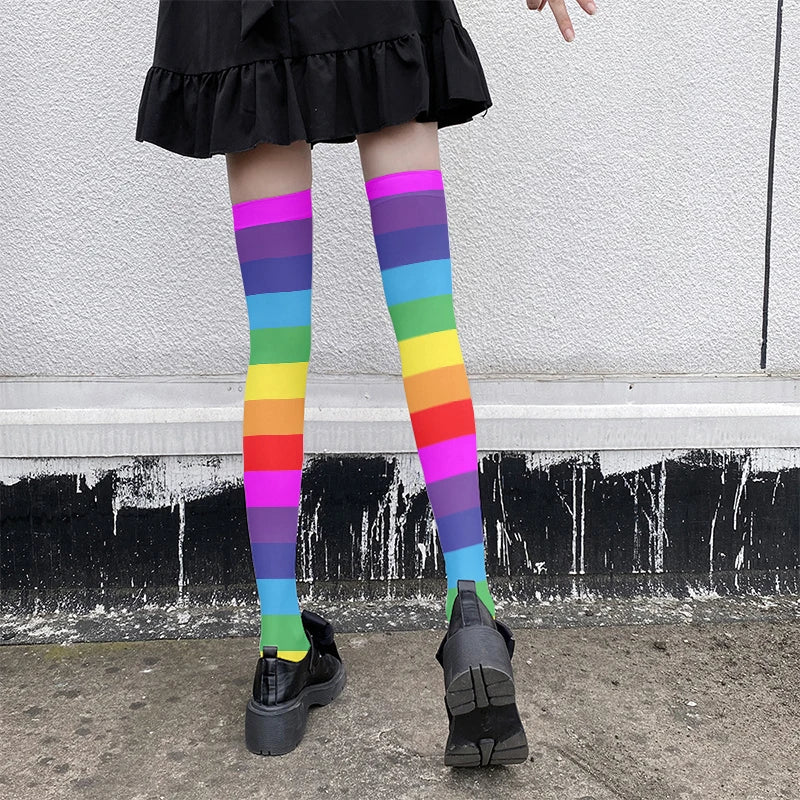 Fun Rainbow Striped Stockings Women's Sexy Fashion Multicolor Thigh Qme
