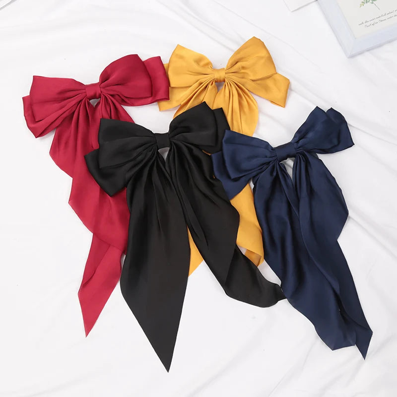 Elegant Bow Ribbon Hair Clip for Women Fashion Solid Satin Black Clip Simple Hairpin Headband with Clips Girls Hair Accessories Qme