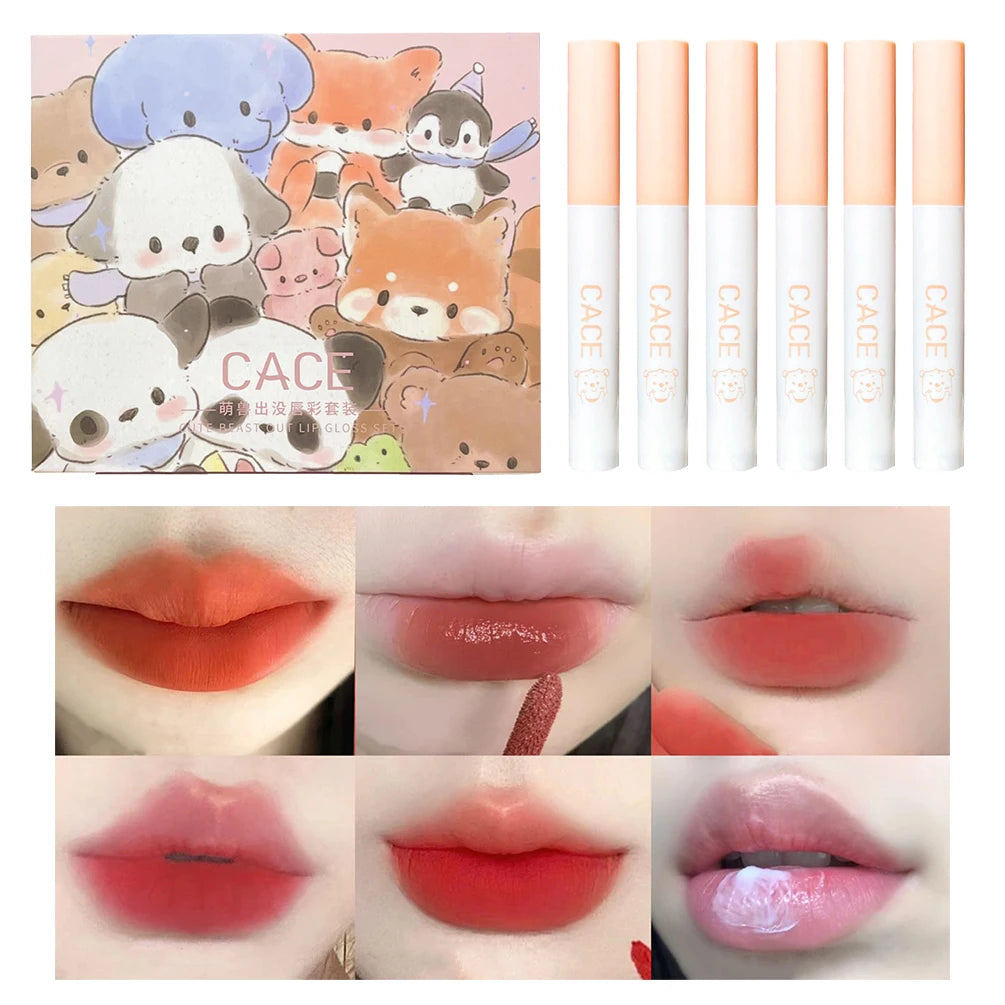 6pcs/set Lip Gloss Cute Box Girls Gift Matte Long Lasting Non-stick Cup Lipgloss Cigarette Tube Lipstick Lip Makeup Cosmetics Qme 6pc Lipgloss Sets