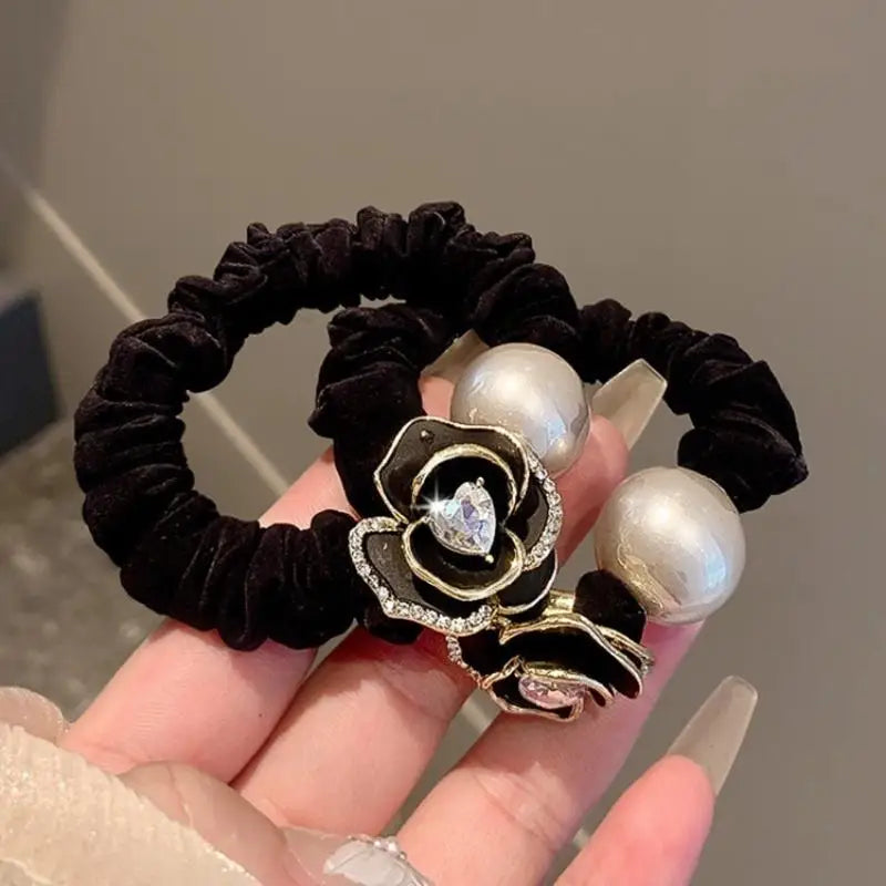 Deluxe Hair Ropes Women Black Pearl Tea Rose Designs Stylish Bands Qme Default Title
