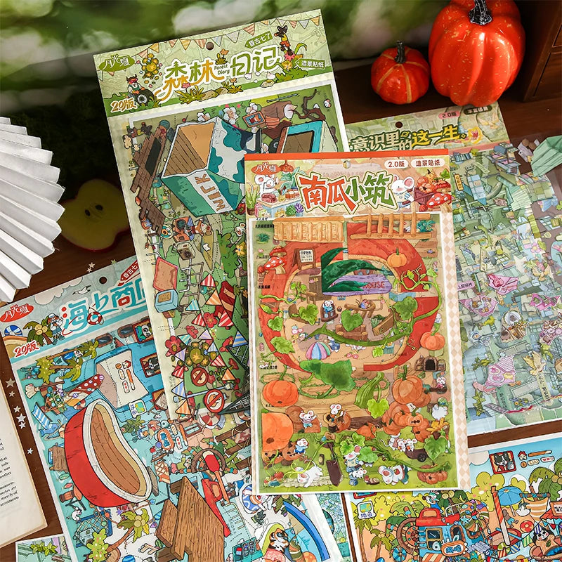 TIANZI 4 Pcs 3D Miniature Scene Stickers Pack Layered Diorama Decals for Journal Scrapbooking Puzzle Craft DIY Stress Relief Qme