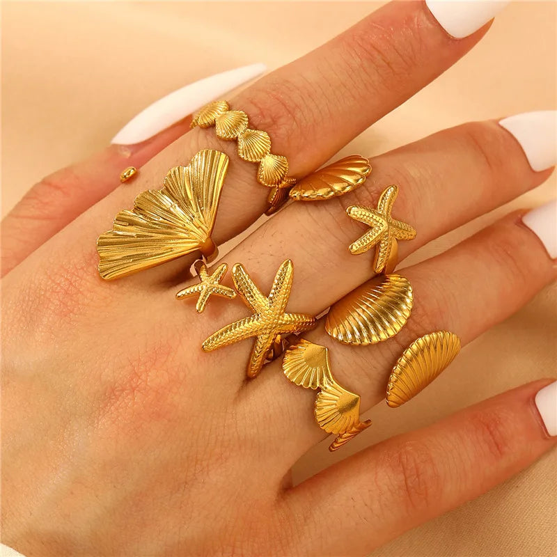Ocean Starfish Shell Open Ring Set For Women Gold Color Stainless Steel Finger Rings Summer Beach Aesthetic Waterproof Jewelry Qme
