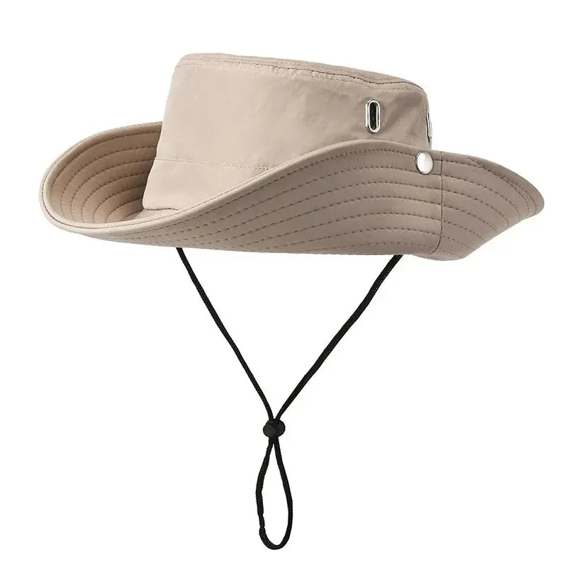 Windproof Men Outdoor Hat Wide Brim Flat Top Men Camping Hat Letter Print Anti-UV Strap Hollow Out Men Fisherman Hat Headwear Qme KQ