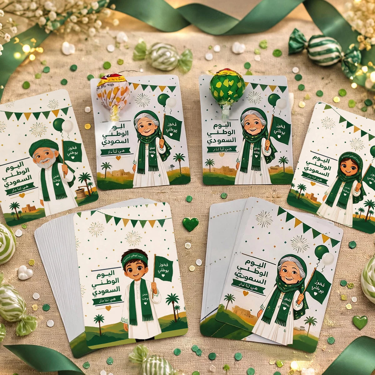 Saudi National Day Themed Lollipop Greeting Cards, Party and Event Souvenirs, Saudi National Day Greeting Cards, Saudi National Day Gifts Qme