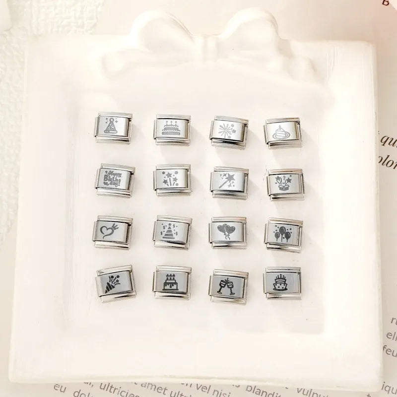 Trendy New Fashion English Words Happy Birthday Big Cake Charm Italian Links Fit 9mm Stainless Steel Bracelet DIY Making Jewelry Qme