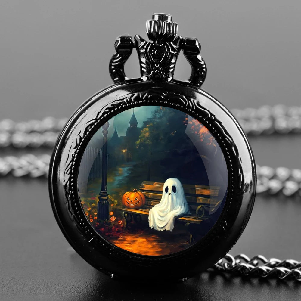 Halloween Cosplay Ghost Glass Dome Quartz Pocket Watch With Durable Chain Arabic Numeral Dial Creative Gifts for Men Women Qme