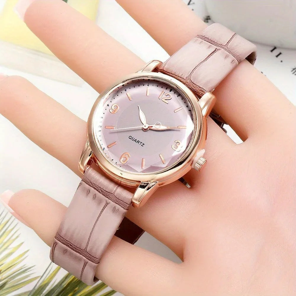 Casual Round Pointer Quartz Watch Ladies Fashion Analog PU Leather Wristwatch For Women Girls Students Qme