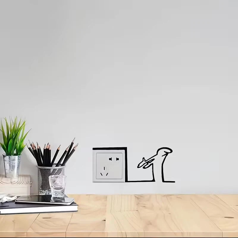 Cartoon Character Power Switch Decal Line Drawing Design Wall Decor Qme