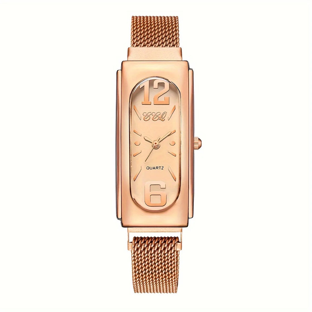 Ladies' elegant stainless steel mesh strap rectangular dial quartz watch magnetic clasp Qme
