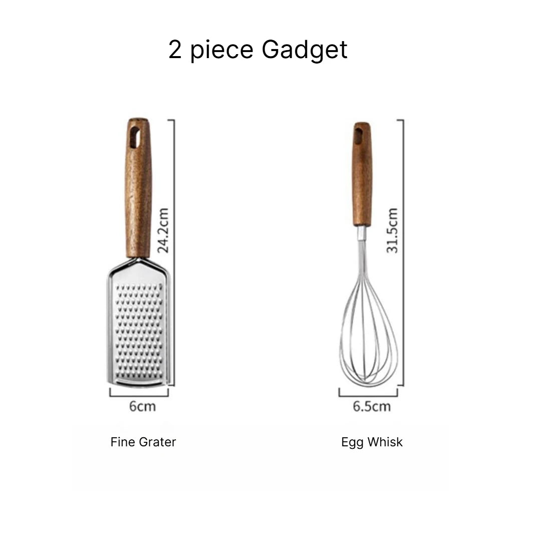 A Multifunctional Kitchen Gadgets Acacia Wood Stainless Steel Peeler Can Opener Egg Beater Pizza Cutter Cheese Spatula Set Qme 2pcs gadgets e
