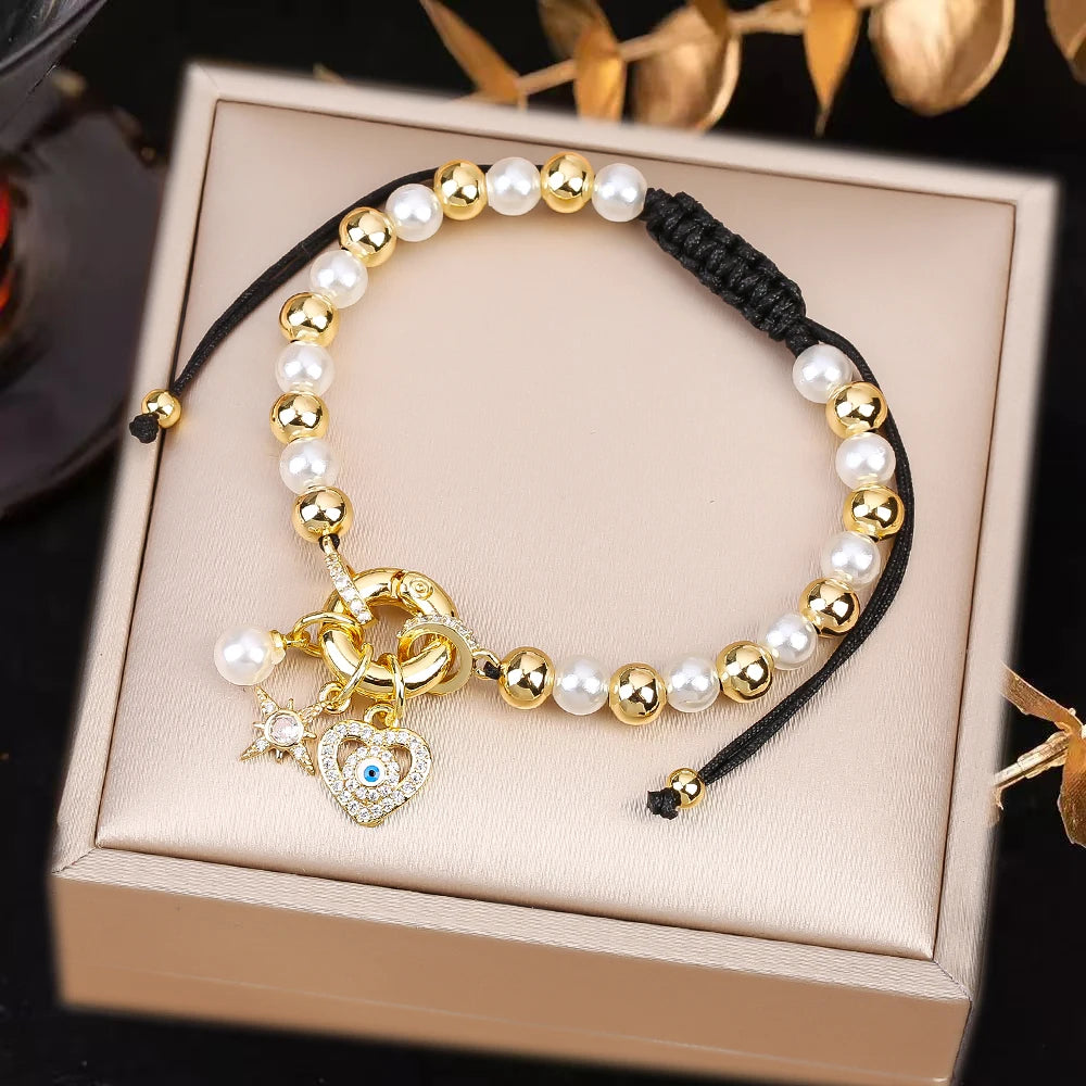 Black Rope Braided Pearl Evil Eye Copper Bead Chain Bracelet Personalized For Man Woman Birthday Holiday Jewelry Prayer Gift Qme D
