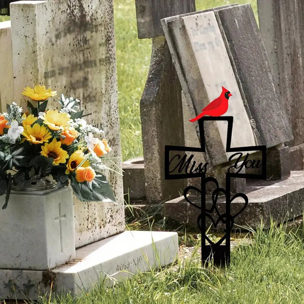 Metal Cemetery Memorial Plaque for Remembrance Red Bird Markers Cross Sign 5.87x11.82in Weatherproof for Easter Sympathy Gifts Qme