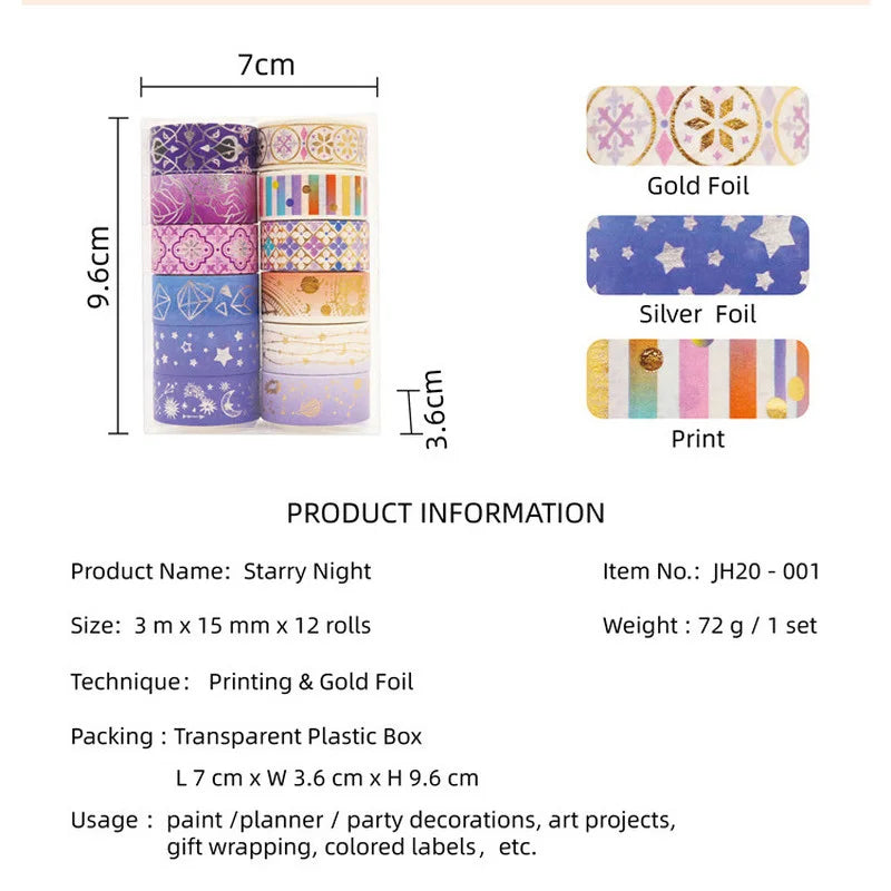 12 Rolls/set Purple Star Gold Foil Washi Tape Set Constellation Series Laser Masking Tapes for Scrapbooking DIY Stationary Set Qme