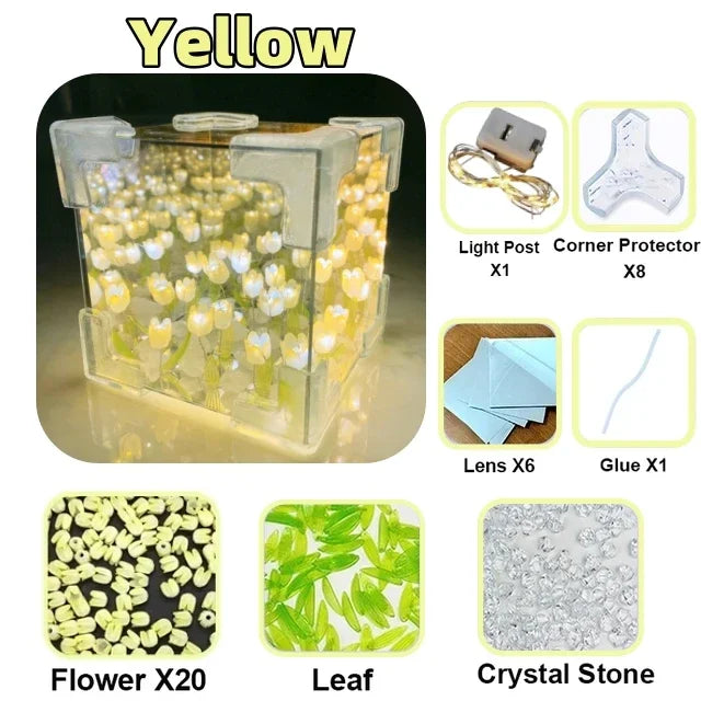 DIY Tulip Mirror Cube Lamp Simulation Flower Bedroom Sleeping Table Qme YELLOW 20 Tulips 8cmx8cm