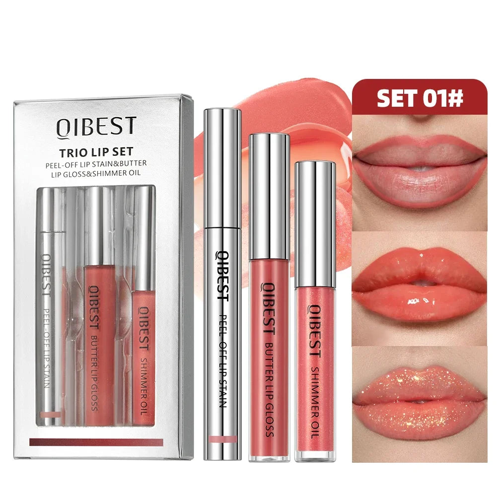 QIBEST Multifunctional Makeup Kits Include Tear Off Lip Stain,Mirror Lip Glaze,Shimmer Lip Oil Gloss Lasting Lip Cosmetics Sets Qme SET 01
