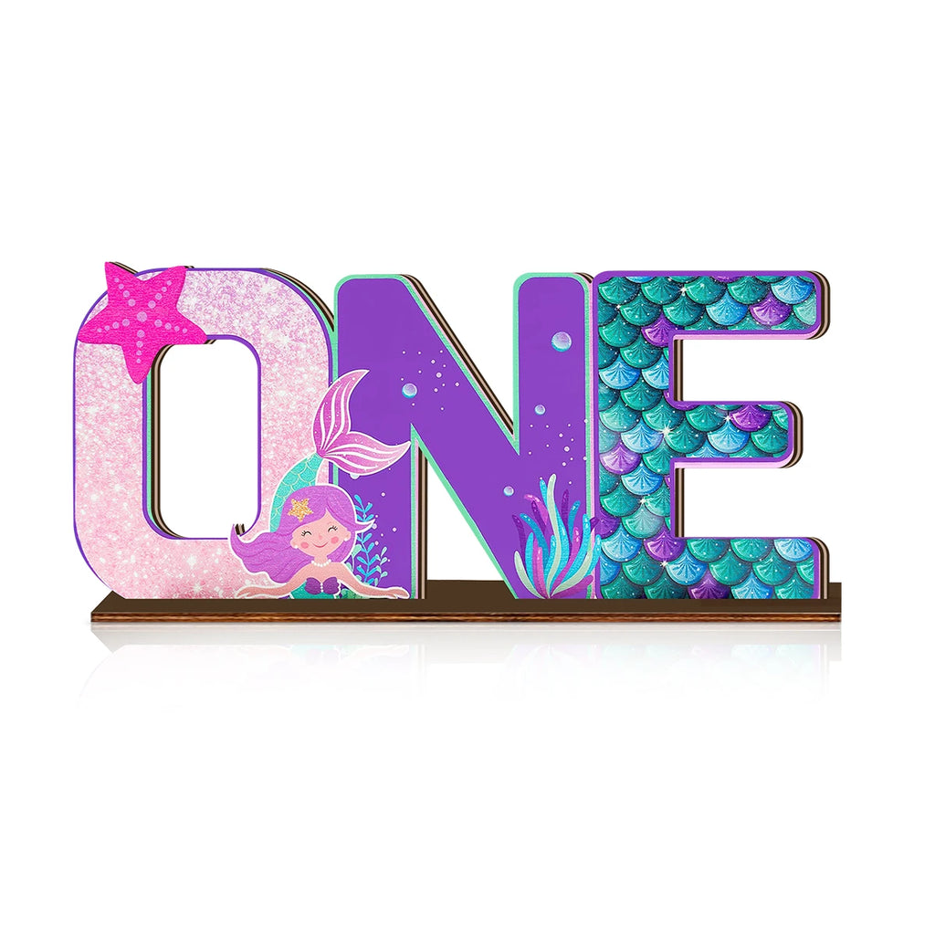 1SET 2D Mermaid Princess Theme "ONE" Letter Wooden Desktop Decoration, Birthday Party Desktop Decoration Qme
