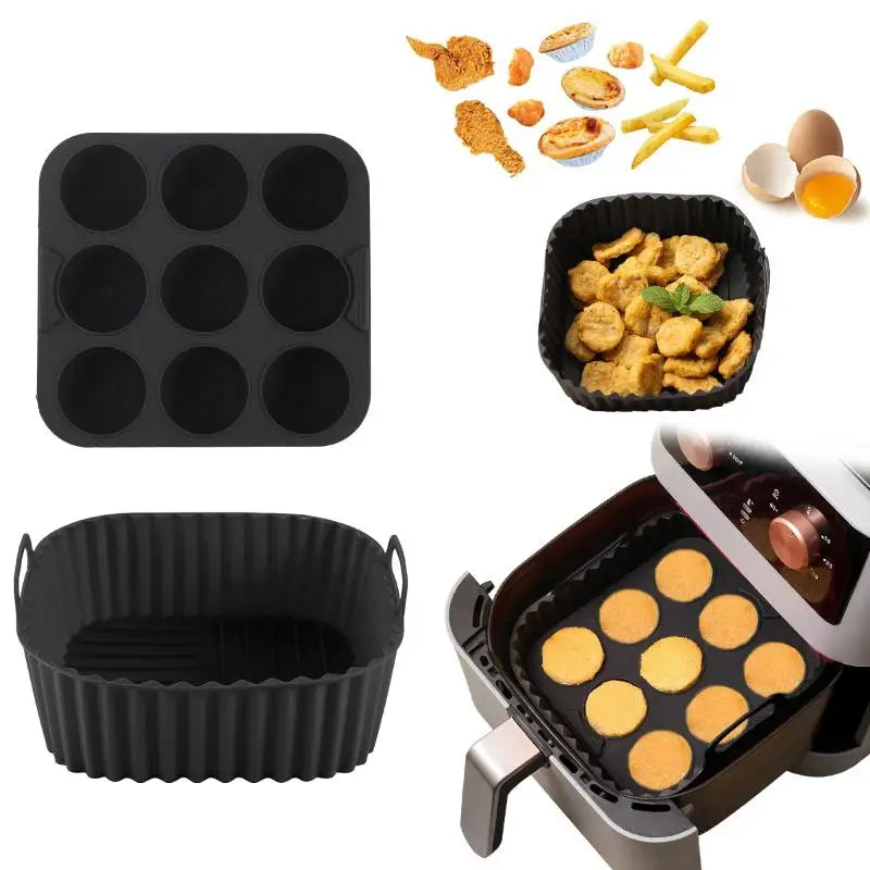 2Pcs Non-Stick Baking Trays With Cupcake Molds For Healthy Cooking Kitchen Tools Square Silicone Air Fryer Liners & Muffin Pan Qme Black