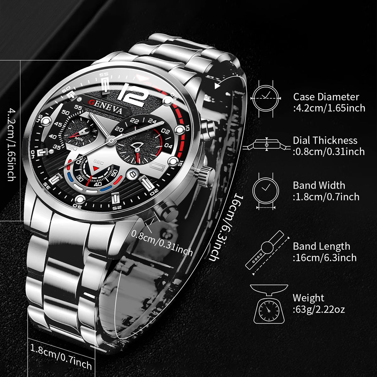 Silver Steel Band Men Chronograph Watch, Large Dial GENEVA Analog Quartz Watch for Business Casual Daily Wear Qme