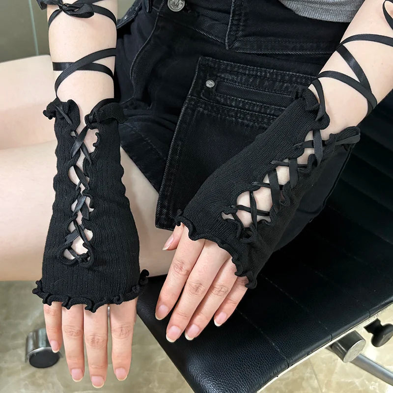 Women Elastic Ruffle Y2k Gloves Kawaii Lolita Jk Lace Fingerless Glove Black Gothic DIY Strapping Girl Punk Clothing Accessories Qme