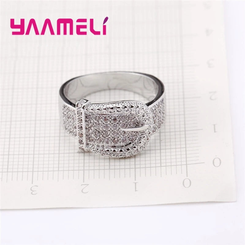 New Shiny 925 Serling Silver Color Belt Ring for Women Full Tiny Austrian Crystals Inlay Paved High Quality Hot Sale Jewelry Qme