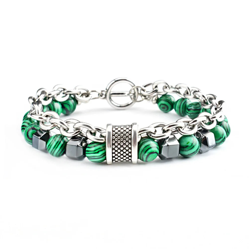 New Cool Fashion Peacock Stone Black Gallstone Metal Bead Bracelet Hip Hop Punk Daily Matching Jewelry Trend Accessories Qme lv 21cm