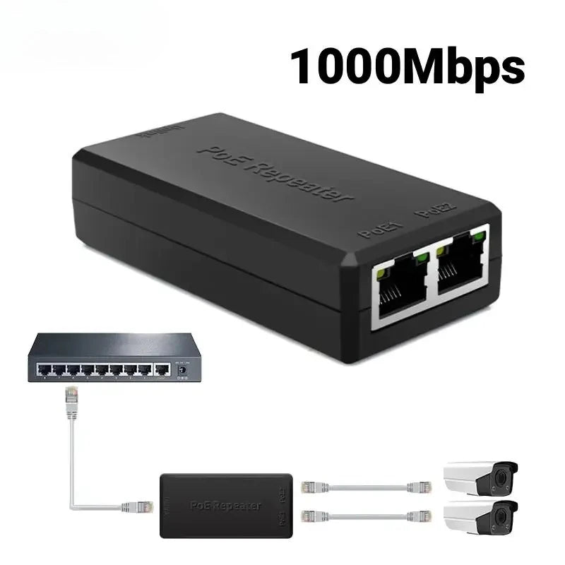 2 Port Gigabit POE Extender 1000Mbps IEEE 802.3af/at PoE Repeater For Surveillance CCTV IP Camera Power Supply Qme 1000Mbps