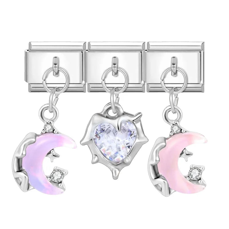 2026 3PCS Beautiful Blue Moon Heart Starfish Italian Charms Link 9mm Modular Bracelet Stainless Steel DIY Gift Jewelry Wholesale Qme Style 15
