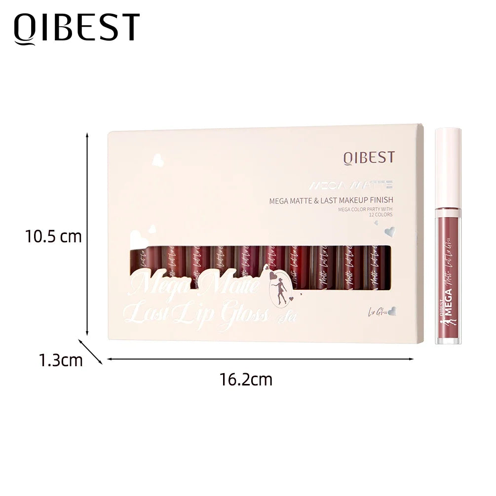 QIBEST 12PCS Matte Liquid Lipstick Sets High-Pigment Long-Lasting Velvet Lip Gloss Nude Purple Lip Mud Makeup Kit Lip Stain Tint Qme