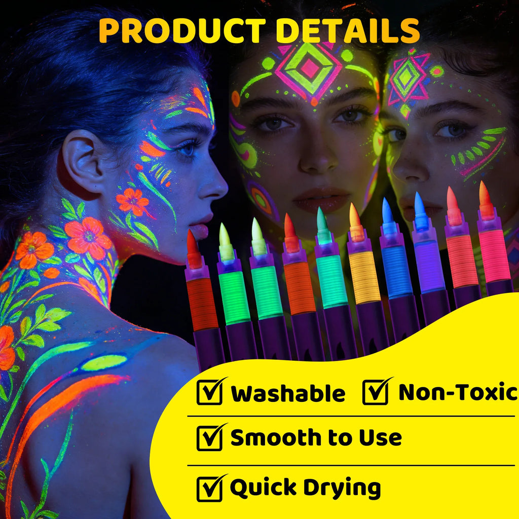 10 Colors UV Glow Face Body Paint Markers Neon Dark Under Black Light Qme