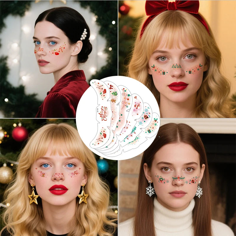 Pink Christmas Face Tattoo Stickers Snowflakes Deer Stars Heart Qme