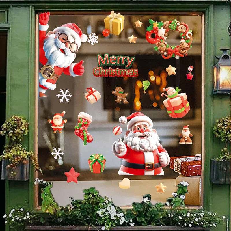 Christmas Window Electrostatic Stickers Snowflakes Reindeer Santa Claus Double Sided Printing Wall Christmas Sticker Decorations Qme